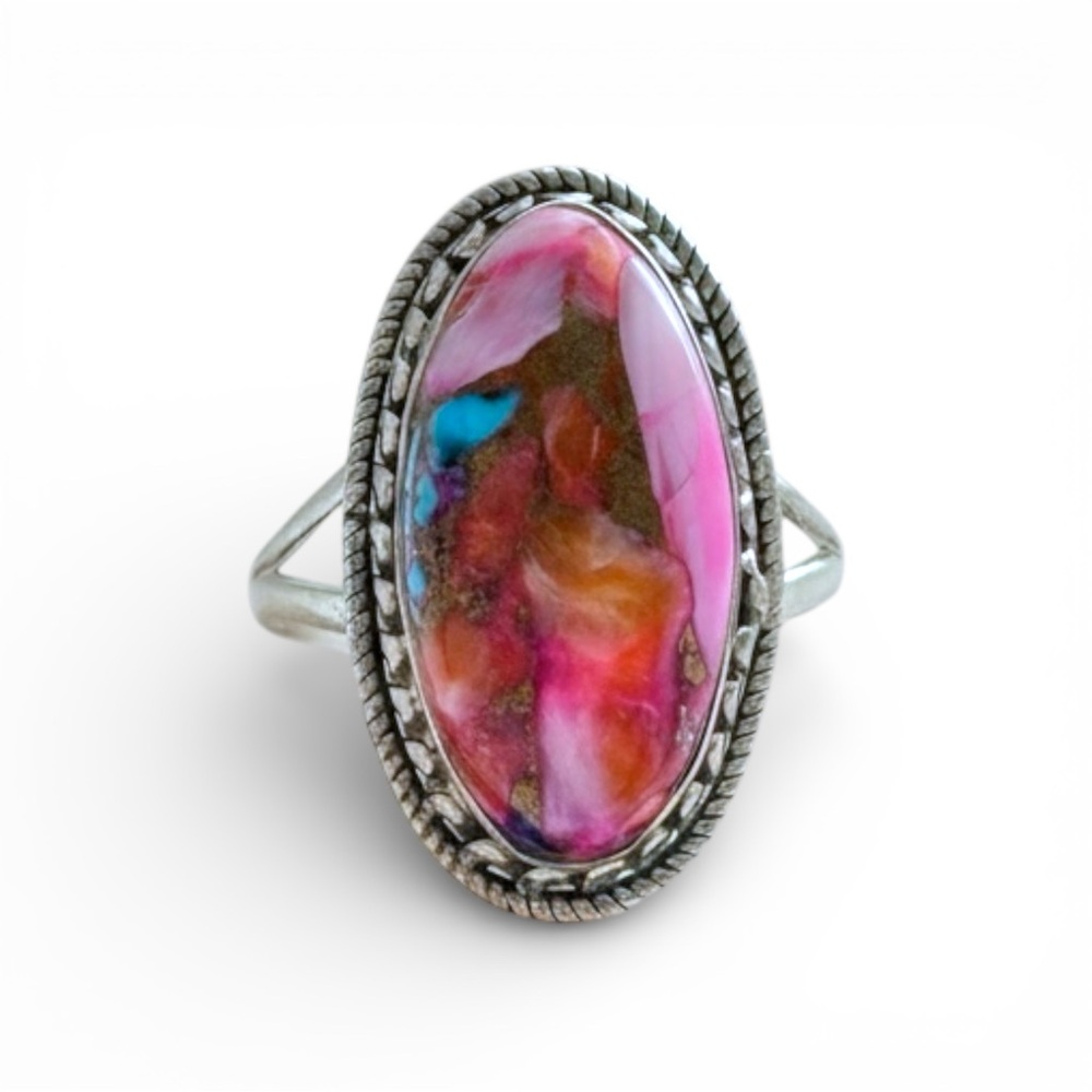 Spiny Oyster Turquoise and 925 Sterling Silver Ring - Size 7.5 (NEW)